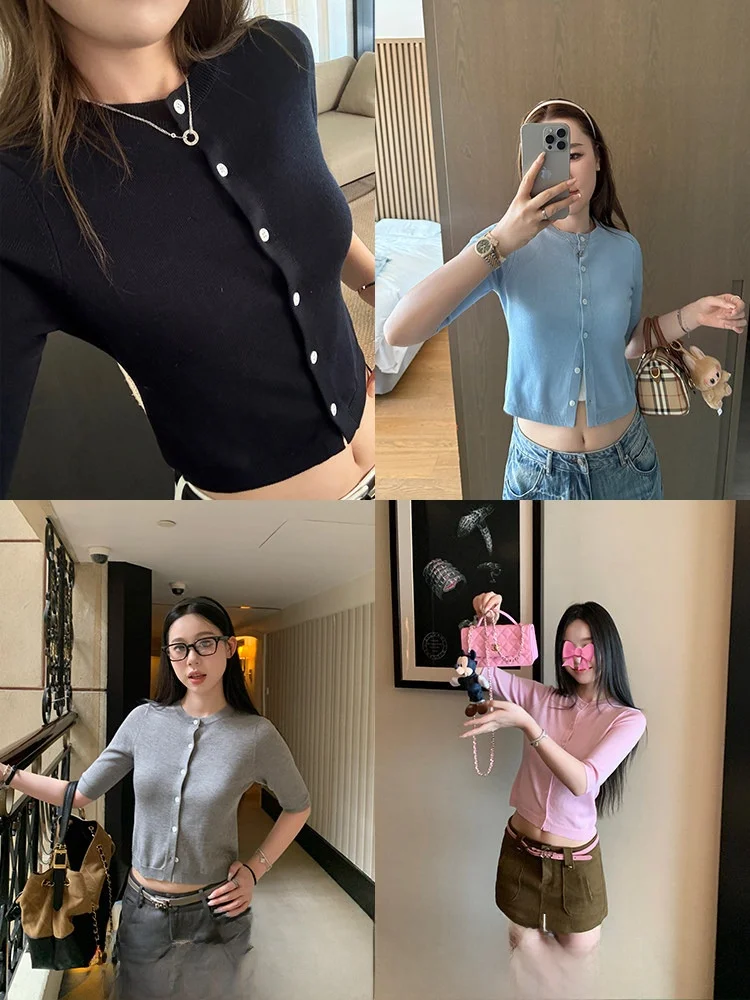 

Женский укороченный кардиган Xzichic из шелковой шерсти с круглым вырезом, вязаный, корейский стиль, для повседневной носки, утягивающий, средней длины рукава