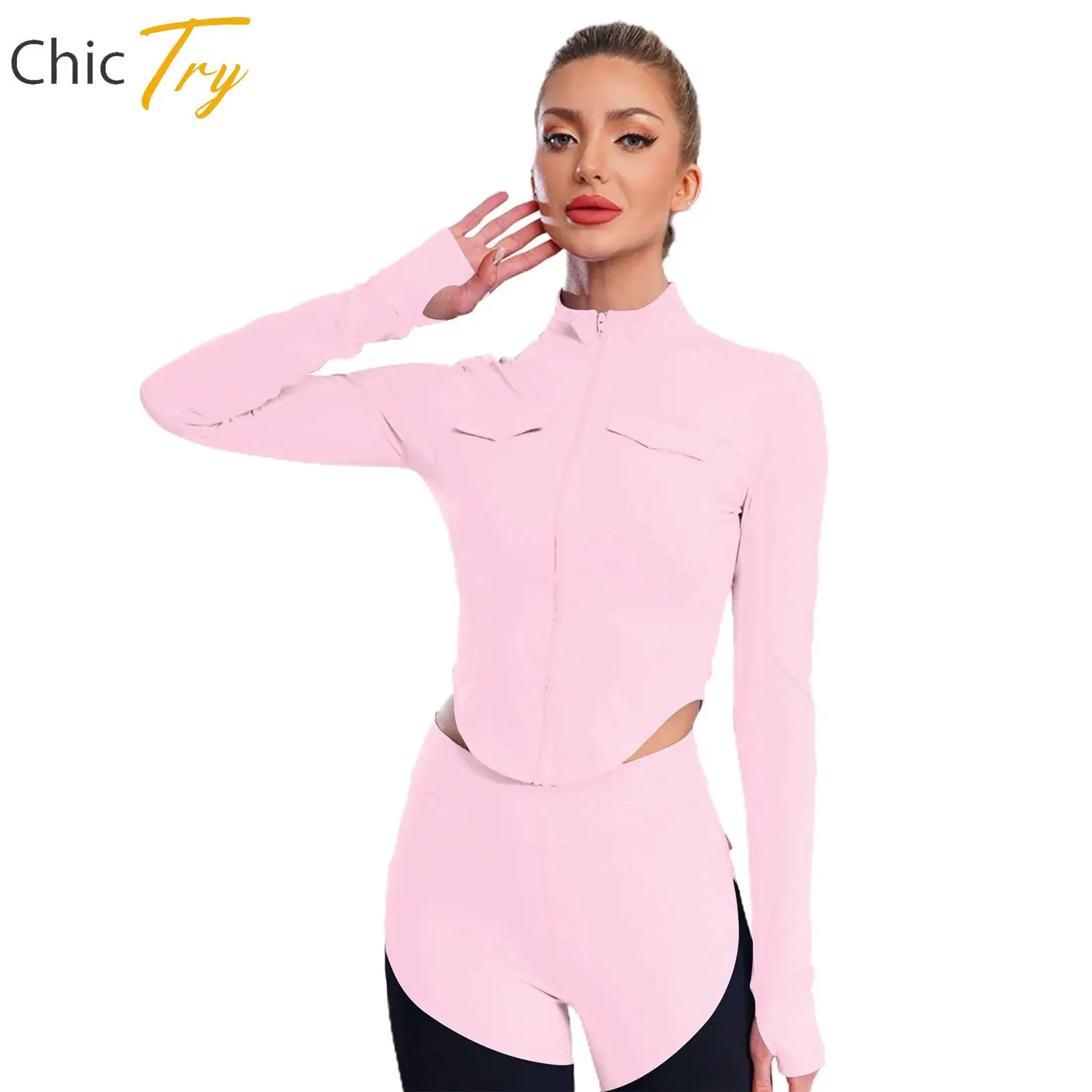 

Women's Fitness Clothes Curved Hem Workout Jacket Zip-Up Yoga Running Athletic Tops Thumb Holes Long Sleeves Crop Top Outerwear