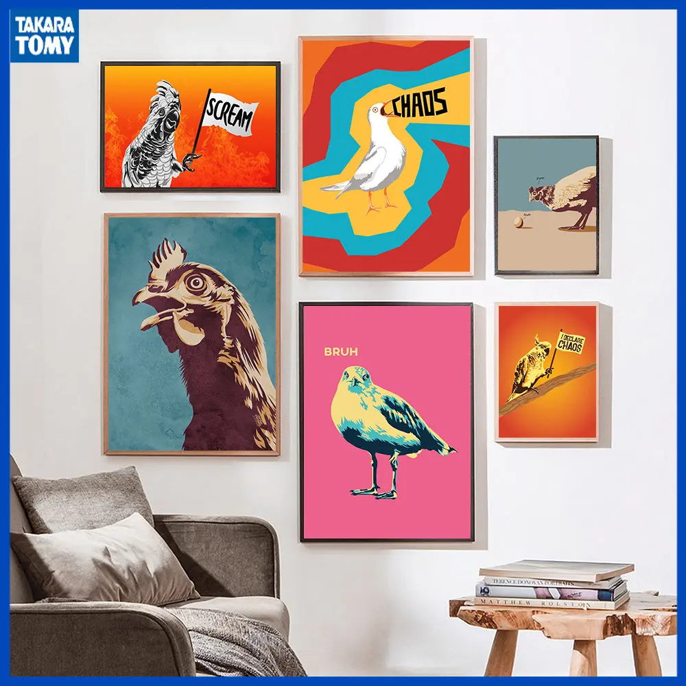 Rooster Absract Retro Seagull Wall Painting Canvas Print Multicolor Little Chick Screaming Mural Poster Picture Room Decoration