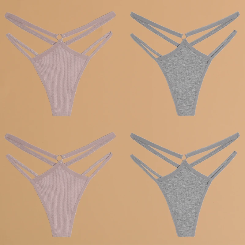 FINETOO 4 Stück Baumwolle Doppel Dünne Gürtel Unterwäsche für Frauen Sexy Niedrige Taille Gestreifte Tangas Damen Soild Höschen Atmungsaktive Dessous