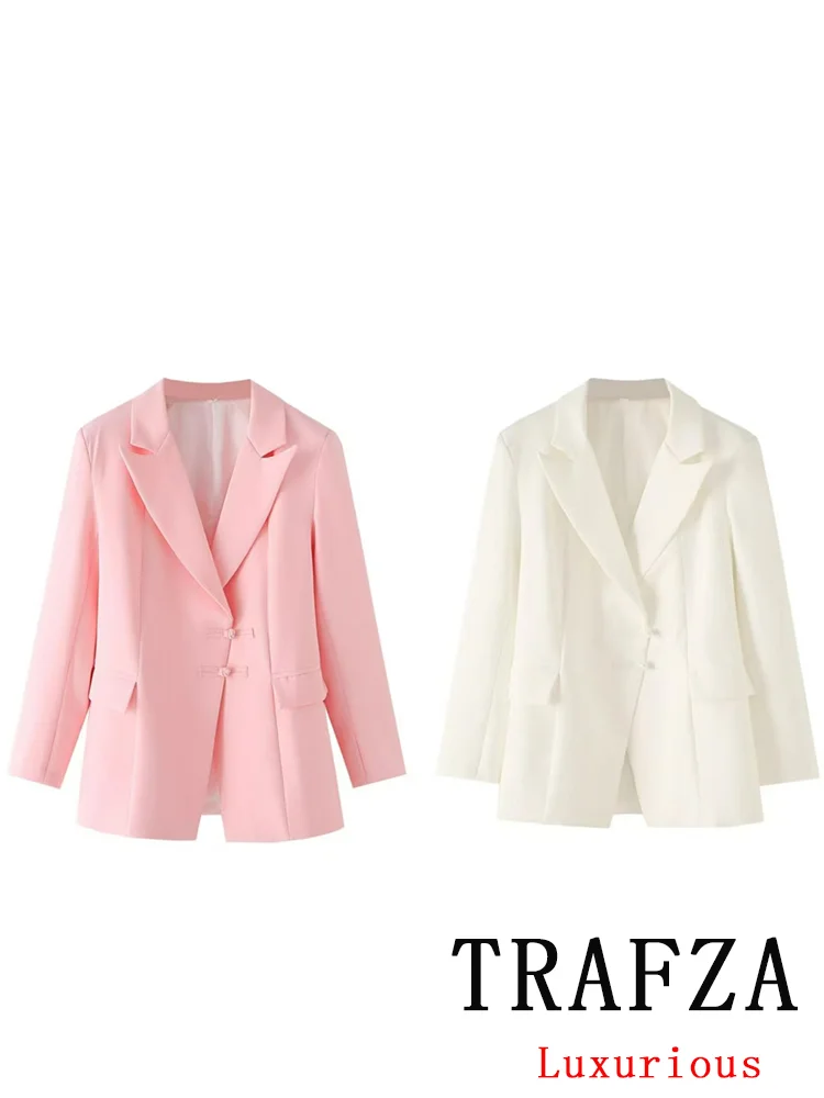 TRAFZA Vintage Casual Women Blazer Solid Single Breasted Long Sleeve Pockets Blazer New Fashion 2024 Autumn Office Lady Blazers