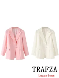 TRAFZA Vintage Casual Women Blazer Solid Single Breasted Long Sleeve Pockets Blazer New Fashion 2024 Autumn Office Lady Blazers