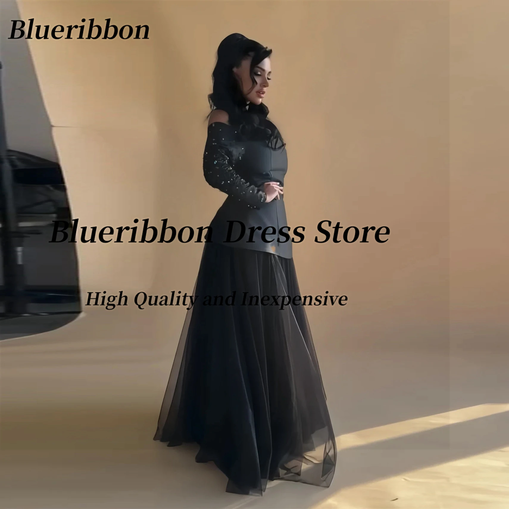 Blueribbon Customized Beaded Flowers Long Sleeves Prom Dresses Zipper Back Saudi Arabia Party Dress Tulle Evening Gowns