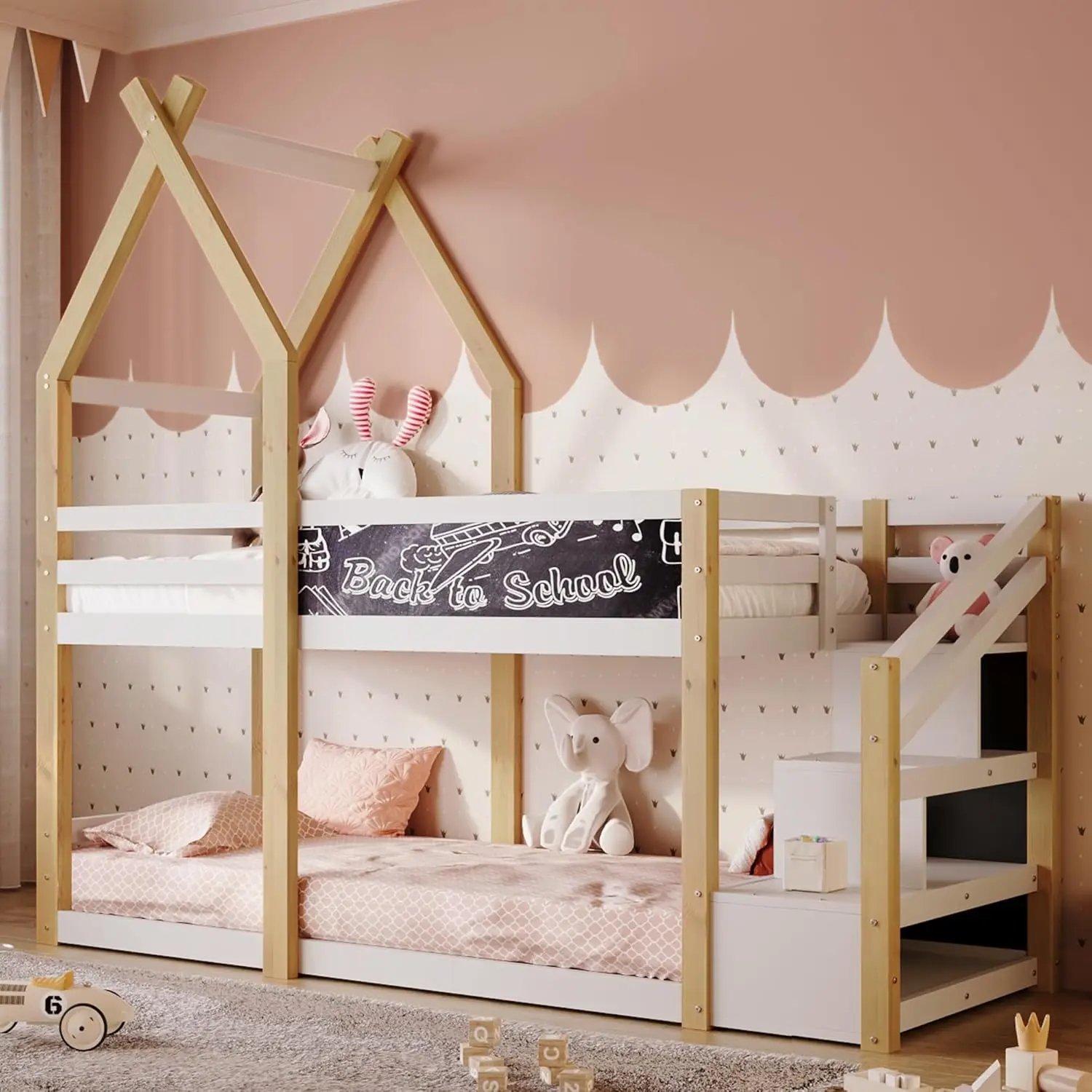 

Bovza Twin Over Twin House Bunk Bed With Storage Staircase And Blackboard, Wood Treehouse Bunk Bed For Kids Girls Boys Teens,