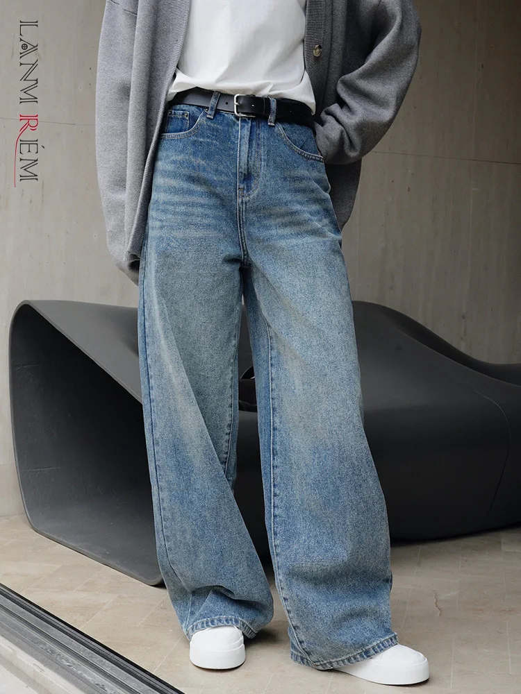 [LANMREM] Streetwear Washed Wide Leg Denim Pants For Women High Waist Korean Loose Jeans Fashion Clothing 2024 Spring New 26D581