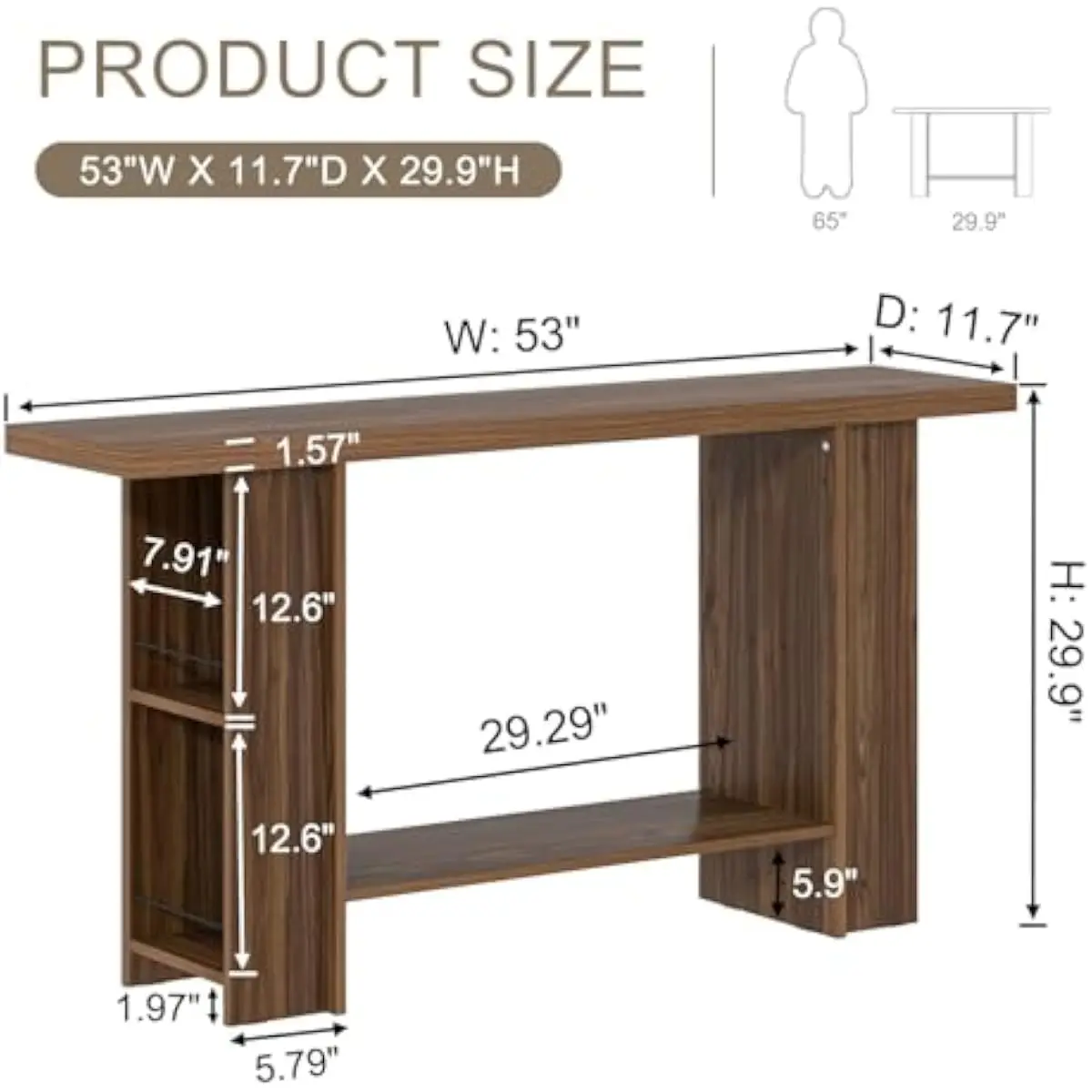Entryway Console Table in Walnut Finish | Two-Tier Wooden Sofa Table with Open Side Shelves | Narrow Hallway Table for Living Ro