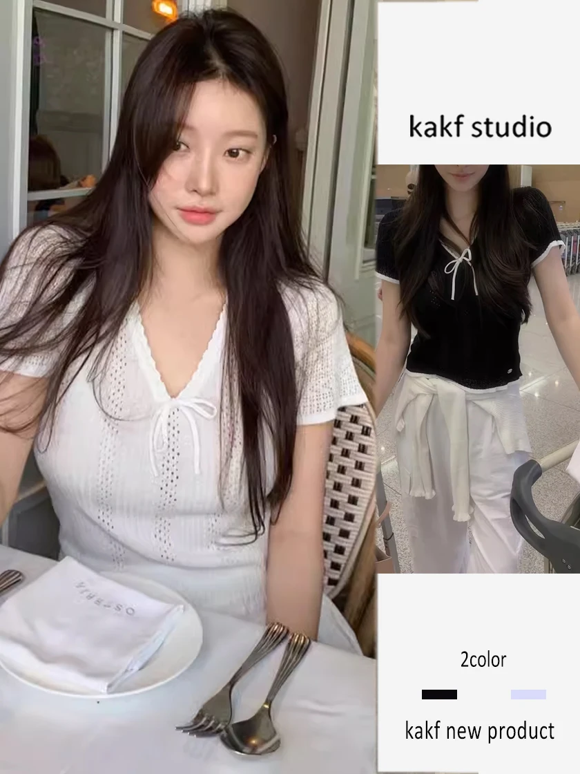 

Летний тонкий вязаный топ с вырезами, женский утягивающий топ с v-образным вырезом или Sve Knot Sweet Lady Sle, корейская мода