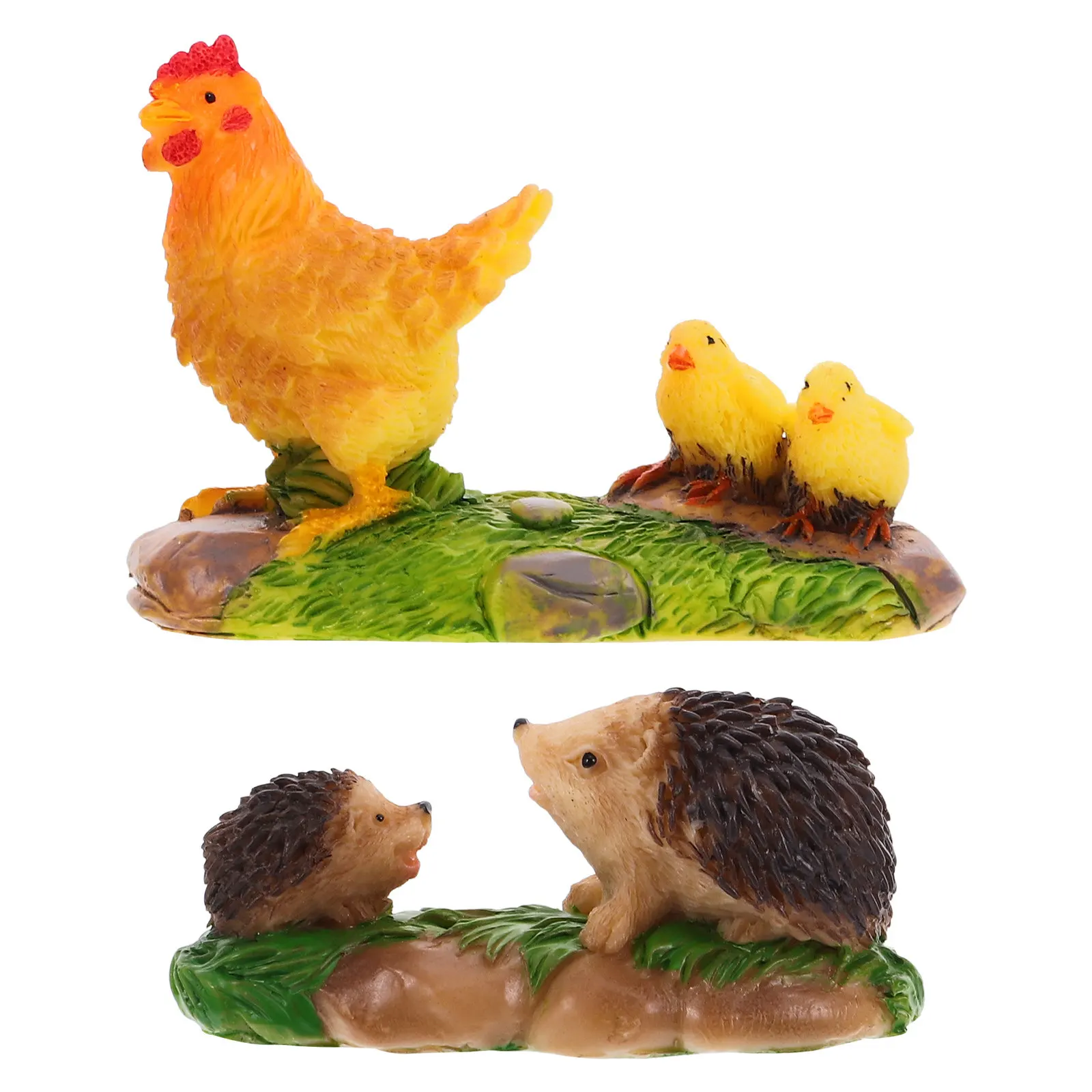 2Pcs Mini Animal Decoration Resin Hedgehog Chicken Statue Micro Landscaping Garden Desktop Ornament Vivid Lifelike Decorative