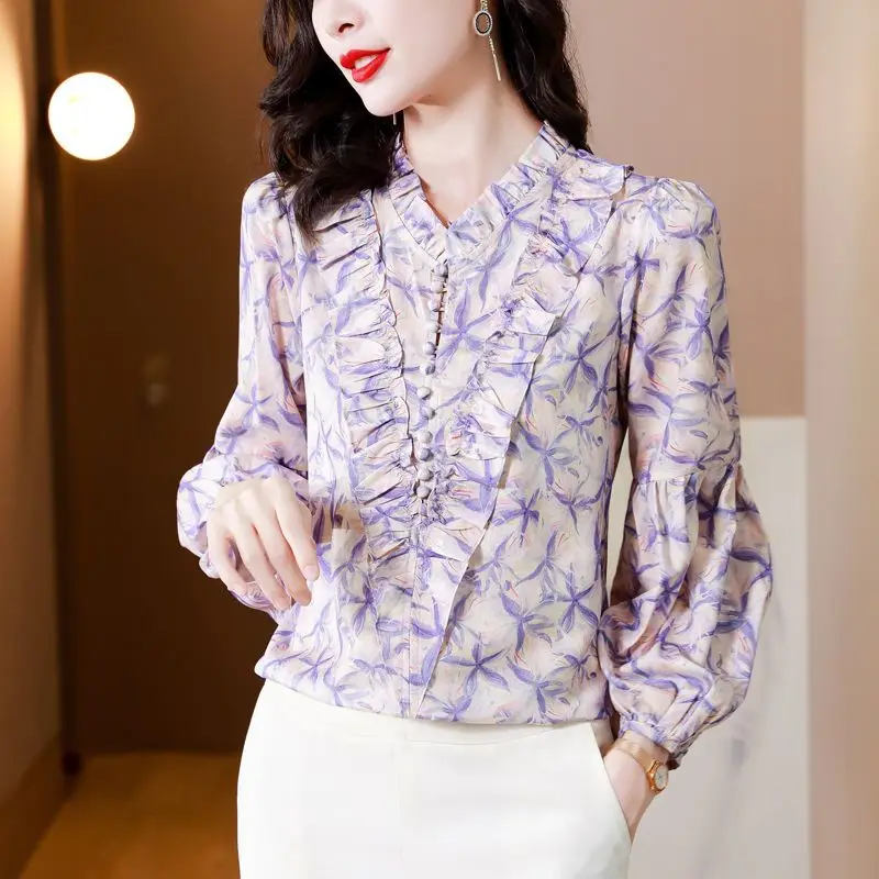 Spring Autumn Fashion Ruffles Long Sleeve Blouse Women\'s Clothing Printing Loose Cardigan Korean Young Simplicity Thin Shirts