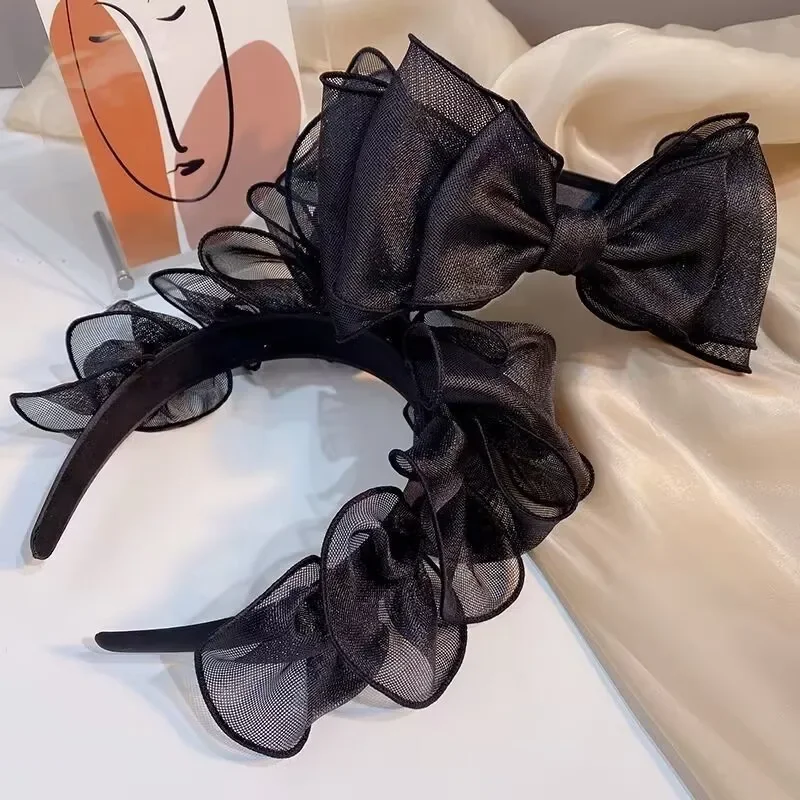 New Fashion Retro Black Mesh Big Bow Headband Women Elegant Temperament Bow Headband Headwear Sweet Cute Girls Hair Accessories