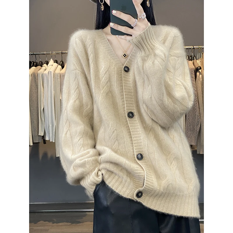 New 100% Merino Wool V-neck Button Jacquard Cardigan Fashionable Soft Classic Loose Women Autumn Winter Cashmere Knitwear Coat - Image 4
