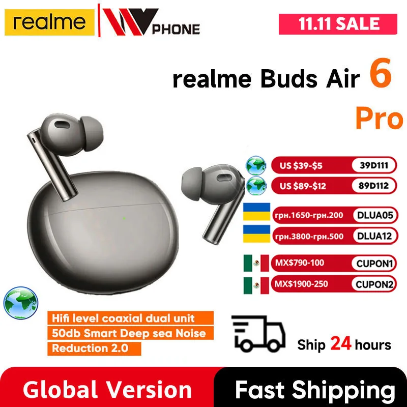   Versione globale realme Buds Air 6 Pro True Wireless Auricolare 50dB Riduzione del rumore in acque profonde 2.0 Bluetooth 5.3 IP55 Cuffia