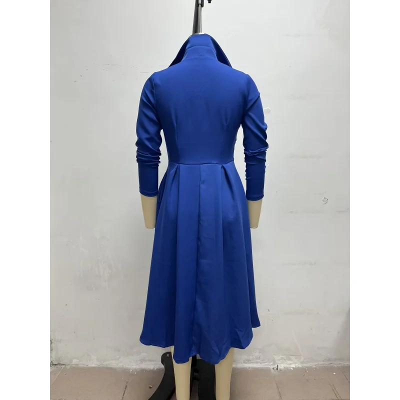 Elegantes Damen-Midikleid mit Hemdkragen, langen Ärmeln, V-Ausschnitt, Knopfleiste vorne, A-Linien-Schnitt, ausgestellter Rock und Taschen – ideal für Büro, Party oder formelle Anlässe. – Detail 14
