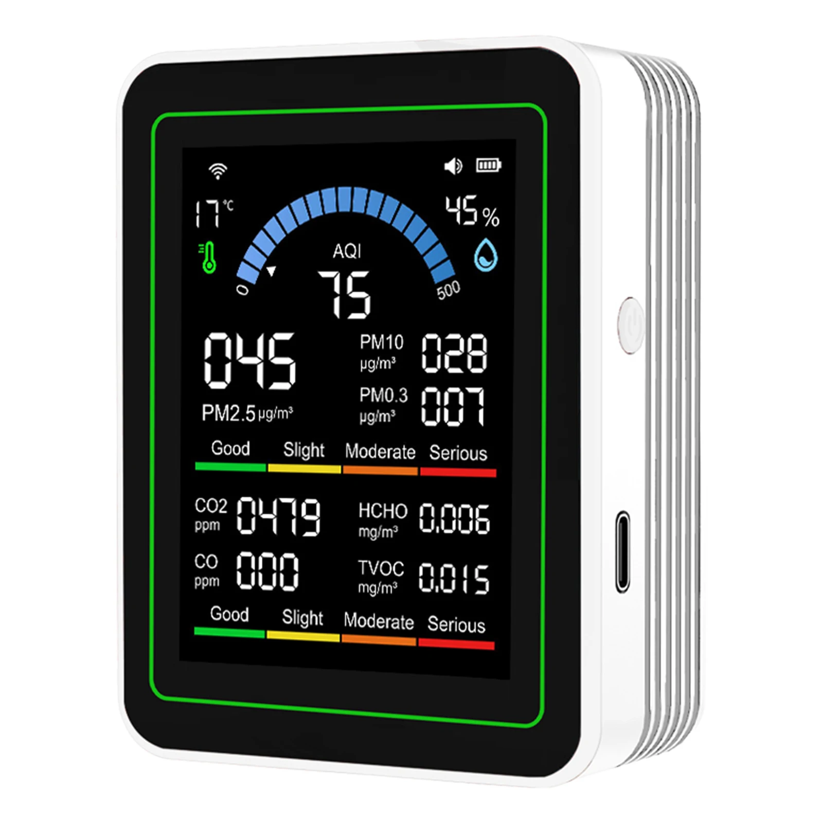 PM2.5 PM10 CO AQI CO2 TVOC HCHO 温度測定機能付き空気質テスター WiFiアプリによるPM2.5 PM10 CO AQIアラート機能付き 家庭用 車用 植物用 ペット用