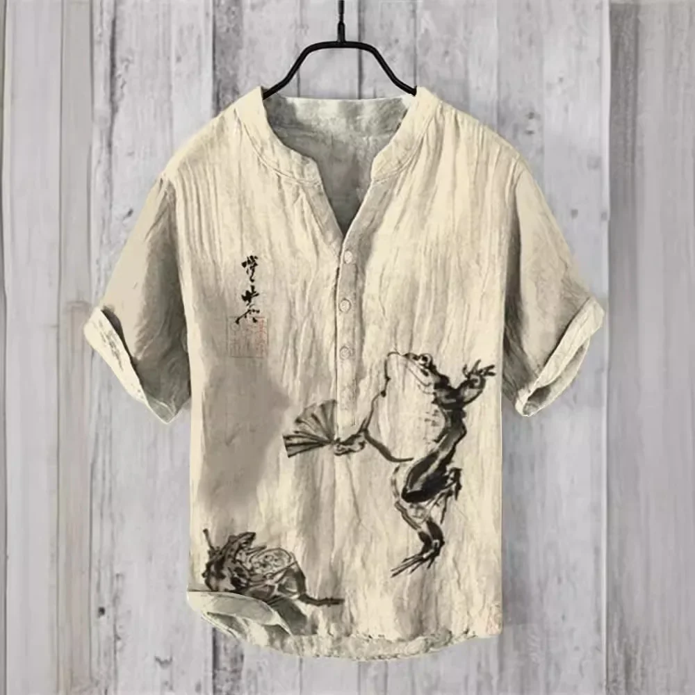 New printed V-neck short-sleeved shirt foreign trade fashion casual loose T-shirt shirt bamboo linen shirt top S-5XL