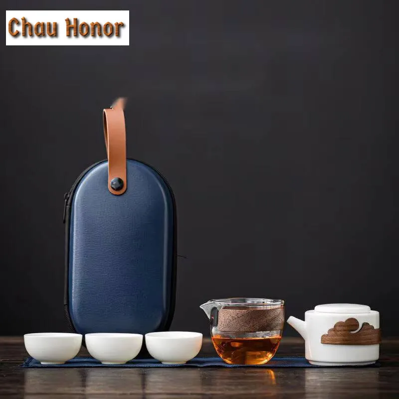Chinese Mutton-fat Jade White Porcelain Tea Set Kit Handmade 1 Pot 3 Cups Tea Making Designer Picnic Portable Tote Bag Teaset