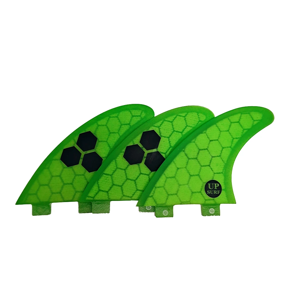 UPSURF FCS S/AM2/GAM Short Board Fins Fibreglass Big Honeycomb Double Tabs Green With Black Surfing Fins Tri Surfboard Fins