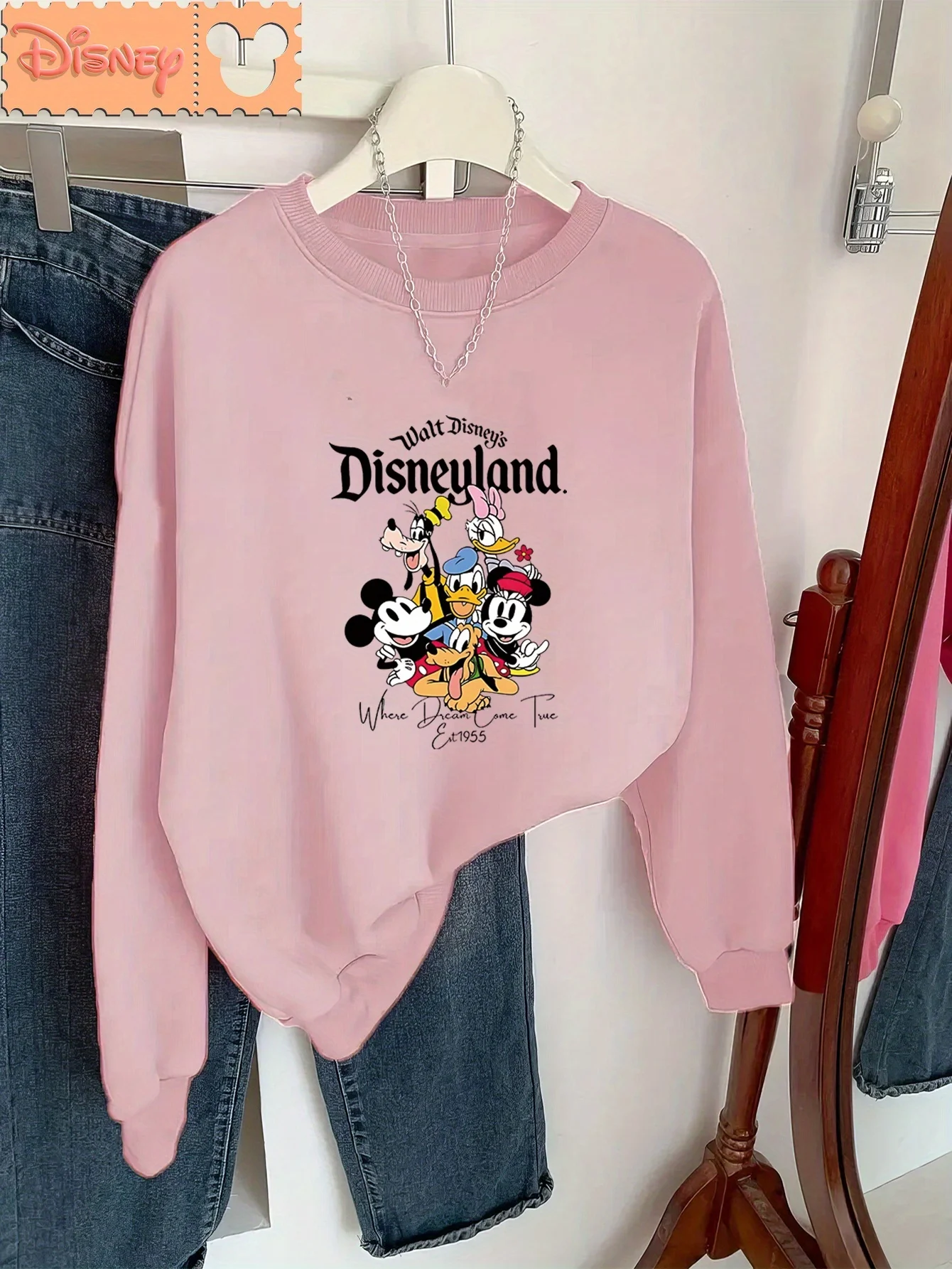 Sudadera con estampado de patrón Disneyland para mujer estilo casual manga corta cuello redondo otoño e invierno estilo deportivo versátil