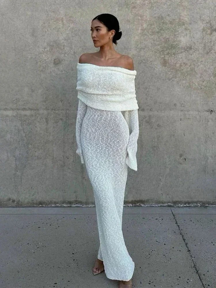 

Сексуальное прозрачное трикотажное платье макси с открытыми плечами, тонкое пляжное платье, летний купальник, женские вечерние платья, наряд для отпуска A2840