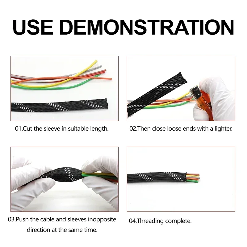PET مضفر كابل كم توسيع ضيق عالية الكثافة معزول خط حماية سلك التفاف غمد 19 ألوان 1/5 متر 2 4 6 8 10 12 مللي متر