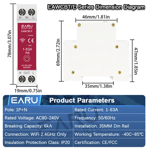Imagen 2 del producto Tuya eWeLink MCB WiFi disyuntor inteligente 1P + N 63A interruptor de relé de tiempo medidor de energía kWh Protector de corriente de voltaje Control remoto