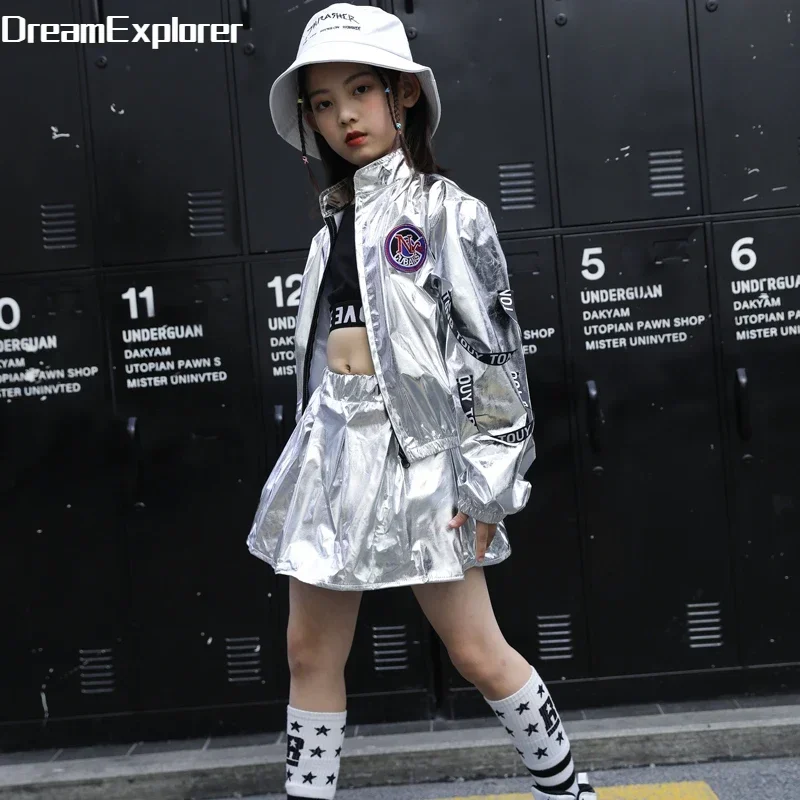 Boys Hip Hop Sliver Jacket Girls Jazz Joggers Pants Clothes Set Kids Sequins Street Dance Costumes Teen Shining Child Streetwear