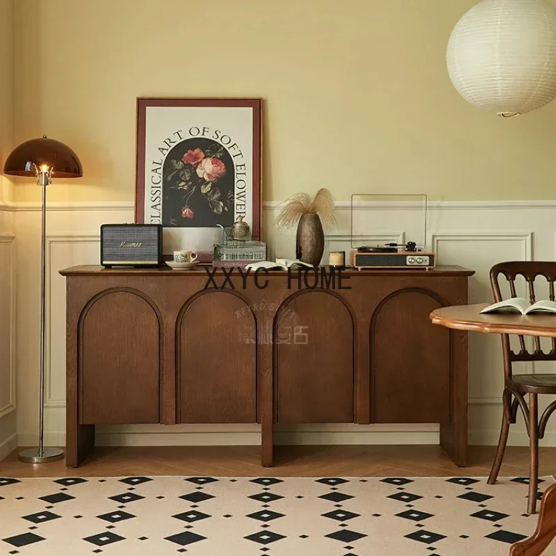 Aparador de Madera Maciza Curvada de Estilo Francés Antiguo, Armario Retro de Pared, Cajonera de Almacenamiento para Pasillo