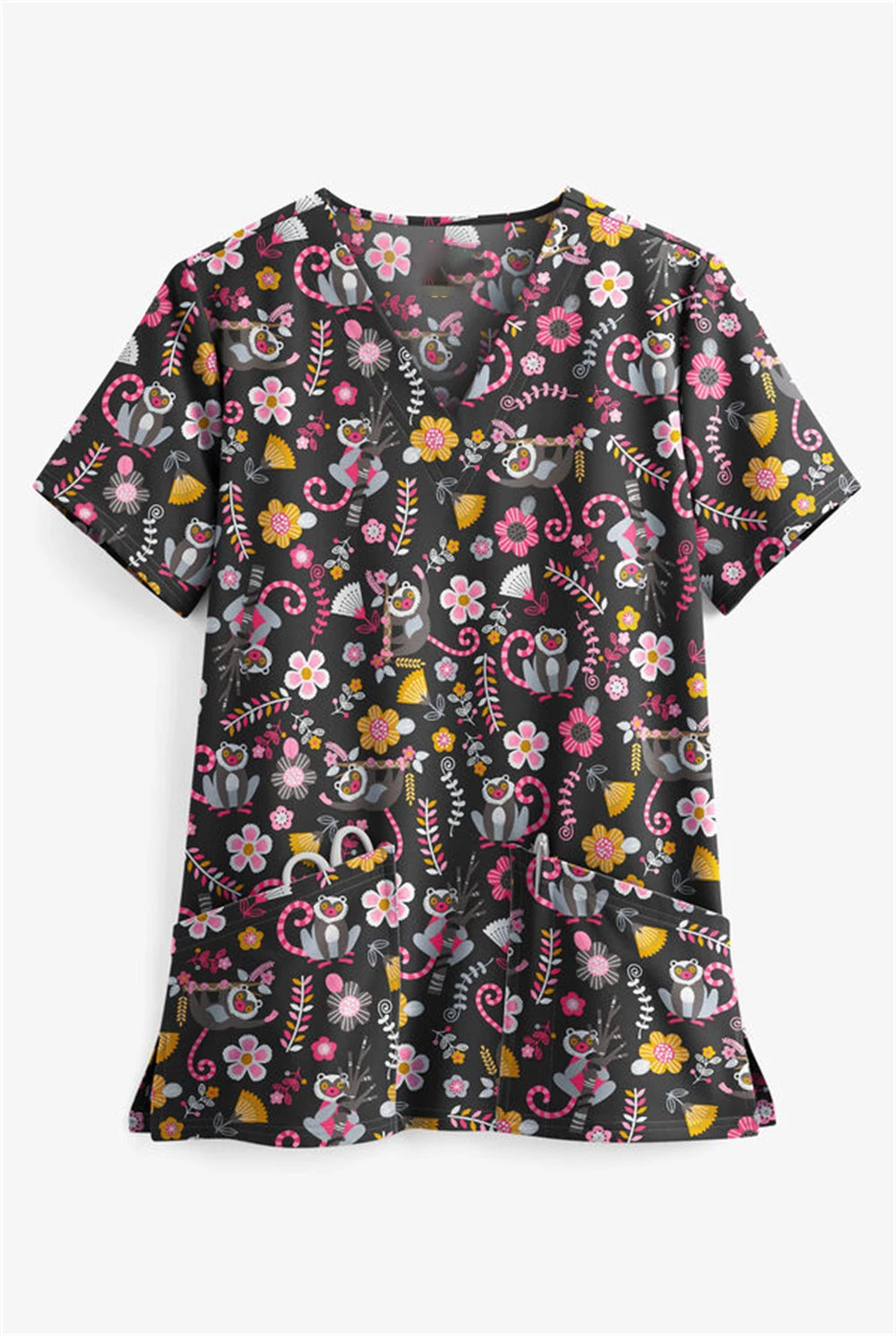 Fancy cartoon V-neck printed frosted top operating room surgical gown female short-sleeved doctor nurse pet dental oral overalls