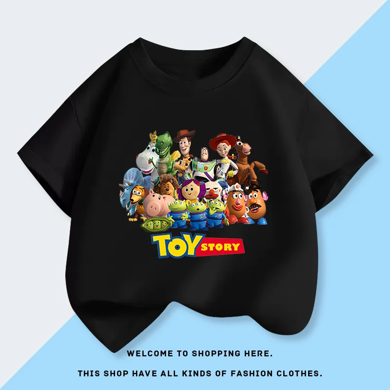 2025 قصة لعبة مطبوعة موضة الأطفال تي شيرت قصير الأكمام جديد الصيف الأولاد القطن الخالص ملابس الأطفال
