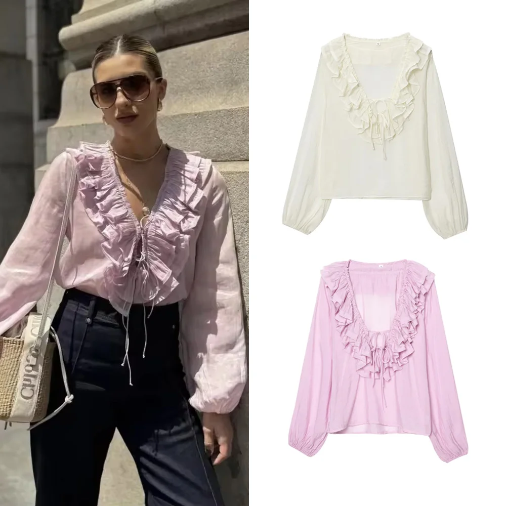 

Women Fashion Long Sleeve V Neck Tierred Ruffles Loose Blouse Female Solid Color Casual Shirts Blusas Chic Tops