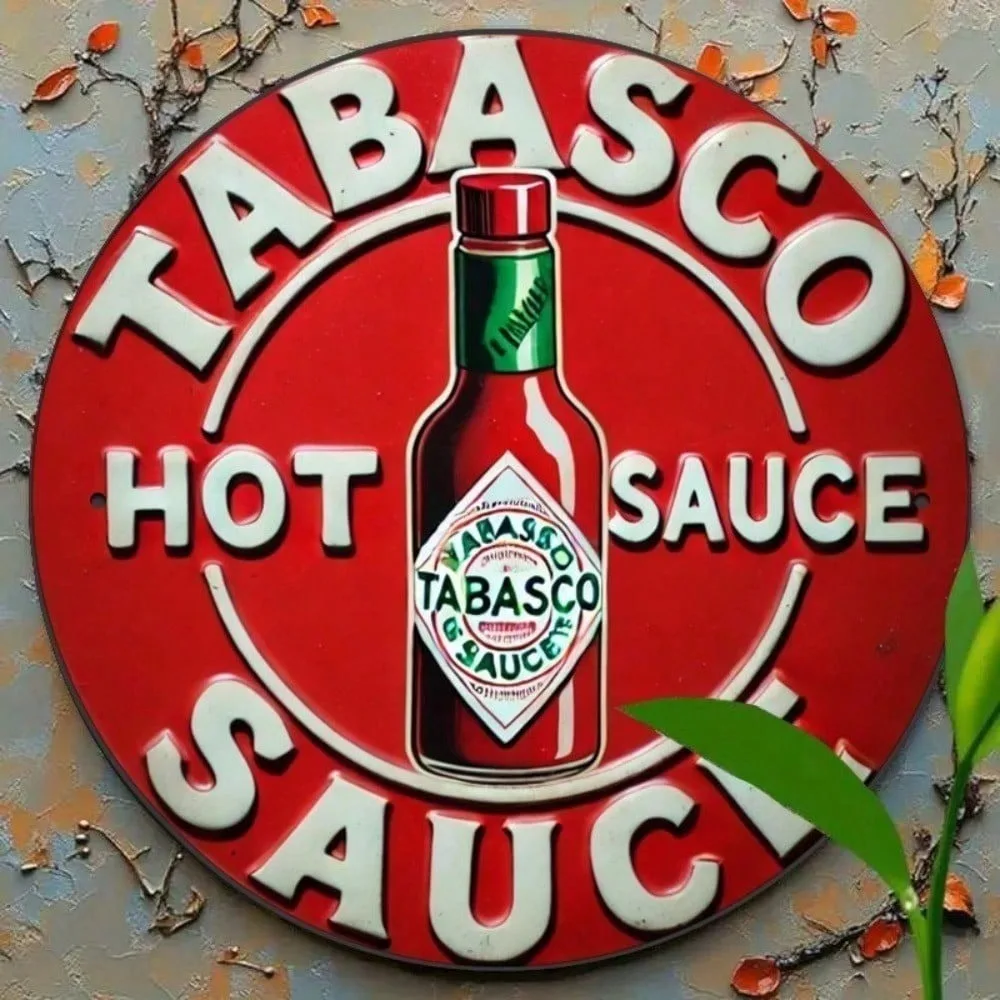 Letrero metálico vintage retro con impresión HD de salsa picante Tabasco – con gráfico icónico de botella roja y tipografía blanca llamativa, clásico