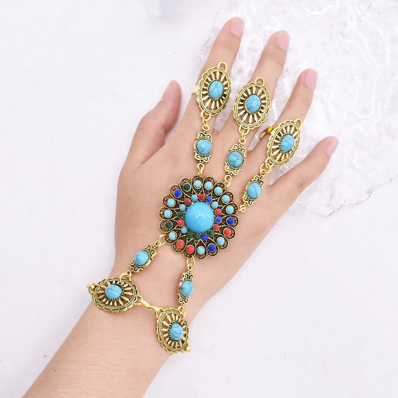 Women Fingertips Bracelets Bohemian Ethnic Turquoise Vintage Party Dance Charms Bracelet Statement Gypsies Chain Bracelet