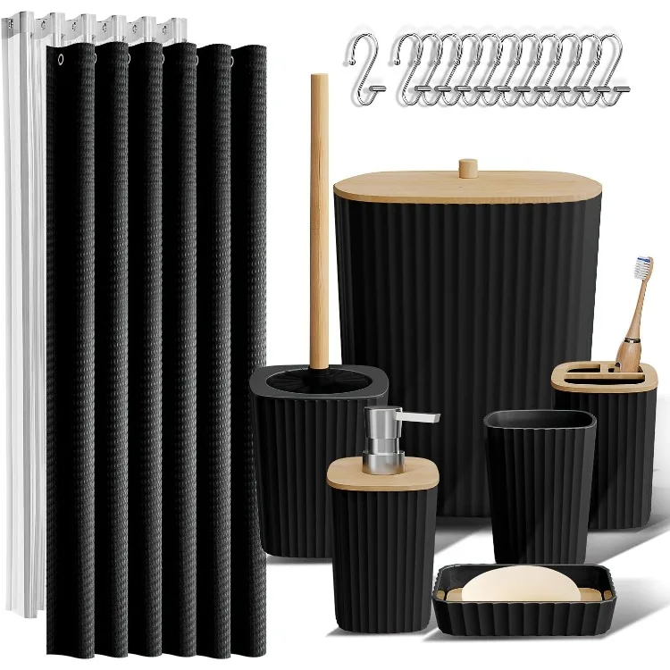 

Clara Clark Bathroom Accessories Set - Bathroom Set, 20PC Bathroom Accessory Set, Black Shower Curtain Set, Toilet Brush, Trash