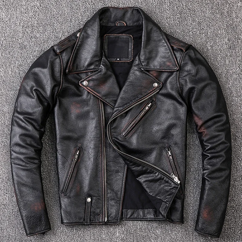 Washed Stone Milled Distressed Edging Vintage Leather Jacket For Men Jackets 100% Natural Calf Skin Coat Autumn Winter M209