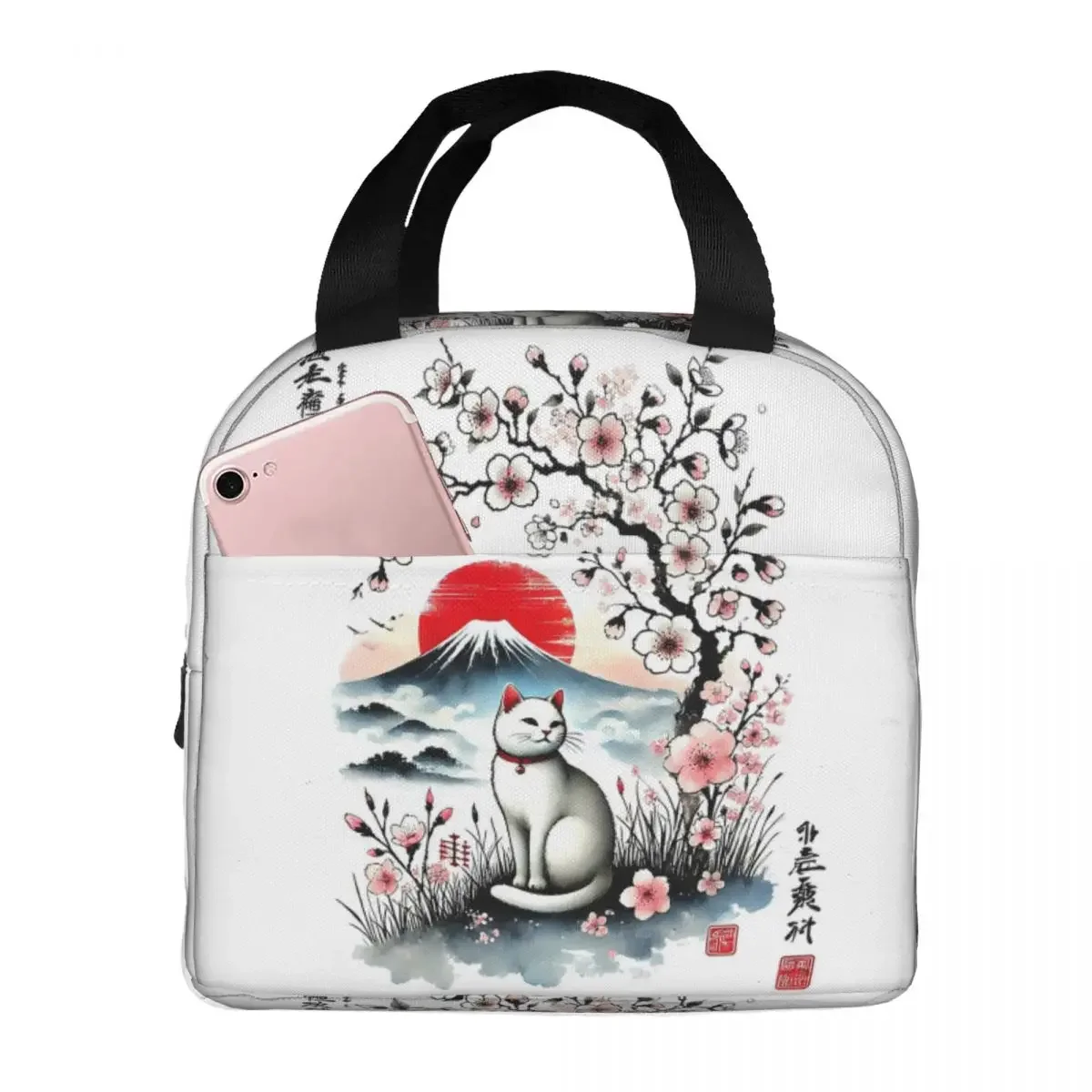 Sakura Mount Fuji And Cat Insulated Lunch Bag for Kids School Cooler Thermal Food Box Tote Leakproof Lunch Boxes Container