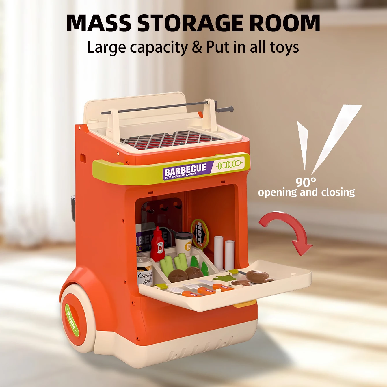어린이 역할놀이 시뮬레이션 바베큐 그릴 장난감 BBQ 세트, 바베큐 및 꼬치 음식 트롤리