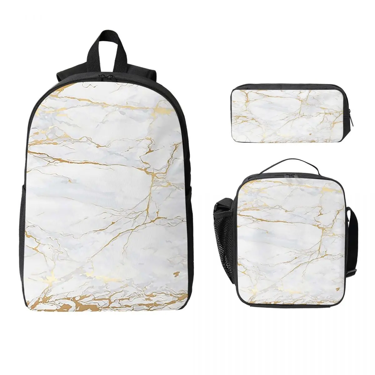 

Белый и золотой мраморный рюкзак, студенческий рюкзак для мальчиков и девочек, школьная сумка, сумки на плечо для ноутбука, 3 шт., изолированная сумка для обеда, пенал