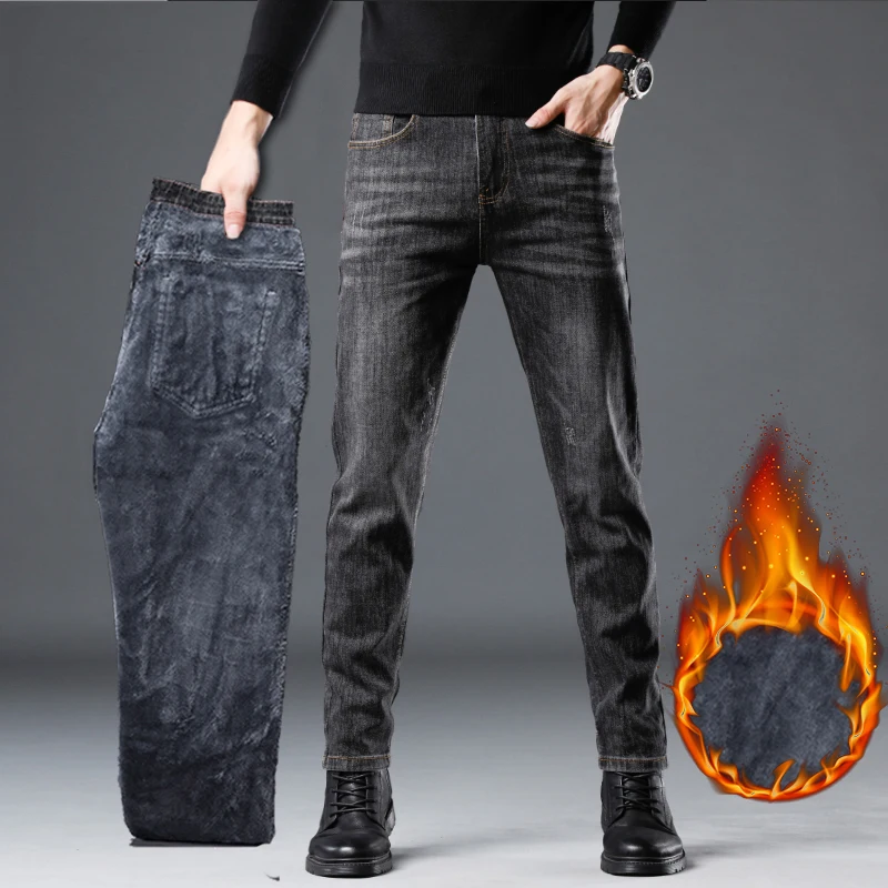 2026 Fleece-lined Thickened Jeans Men's Winter New Loose Straight Stretch Men's Denim Fleece Warm Pants