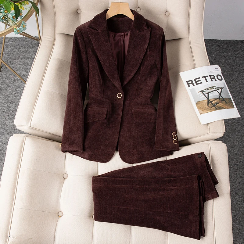 

Elegant Autumn Winter Thick Corduroy Jacket Pants Set for Woman 2 Pieces Matching Sets Vintage One Button Blazer Trousers Suits
