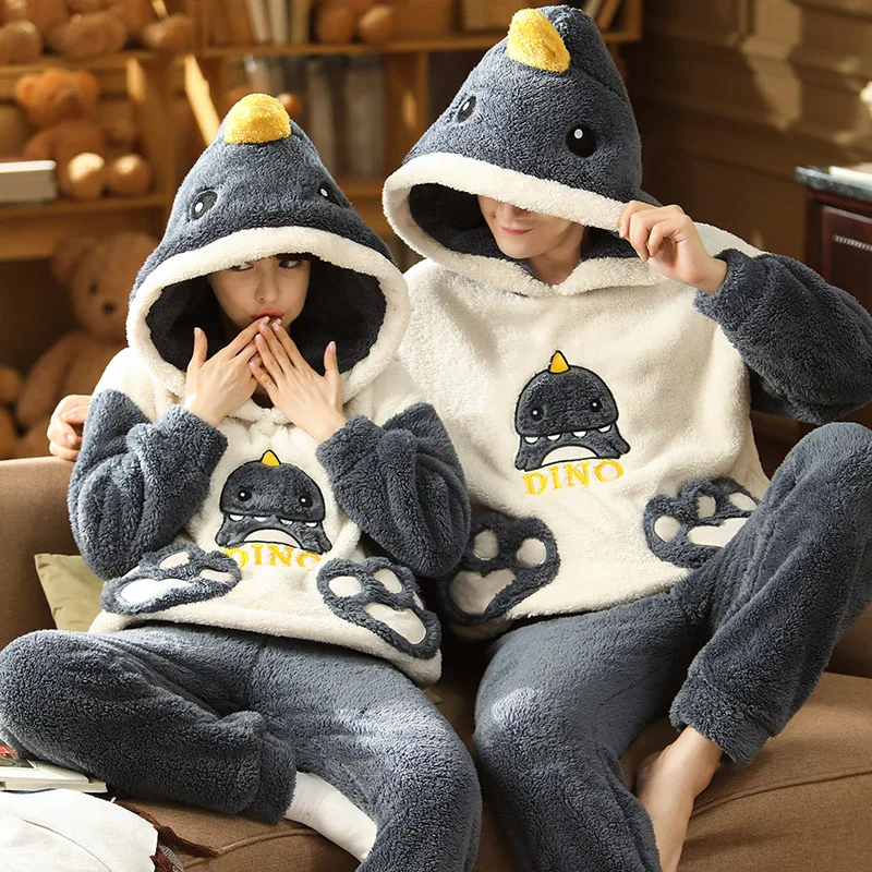 Winter Couples Pajama Sets Women Men Pyjamas Hoodies Sleepwear Thicken Soft Warm Cartoon Cat Lovely Lovers Pijamas Suit