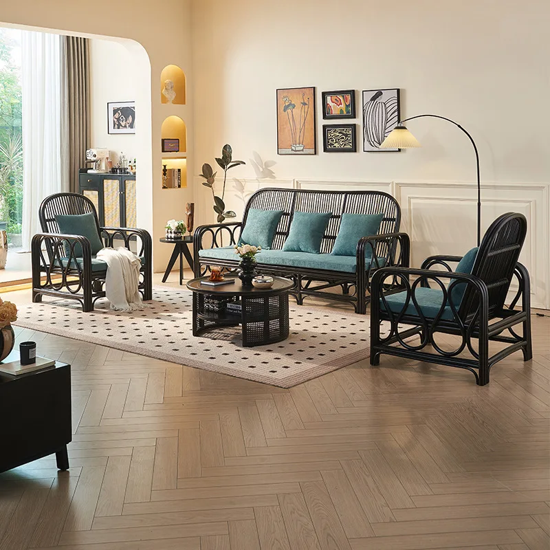 

Customizable French three-person sofa home living room rattan sofa coffee table combination light luxury B & B hotel designer