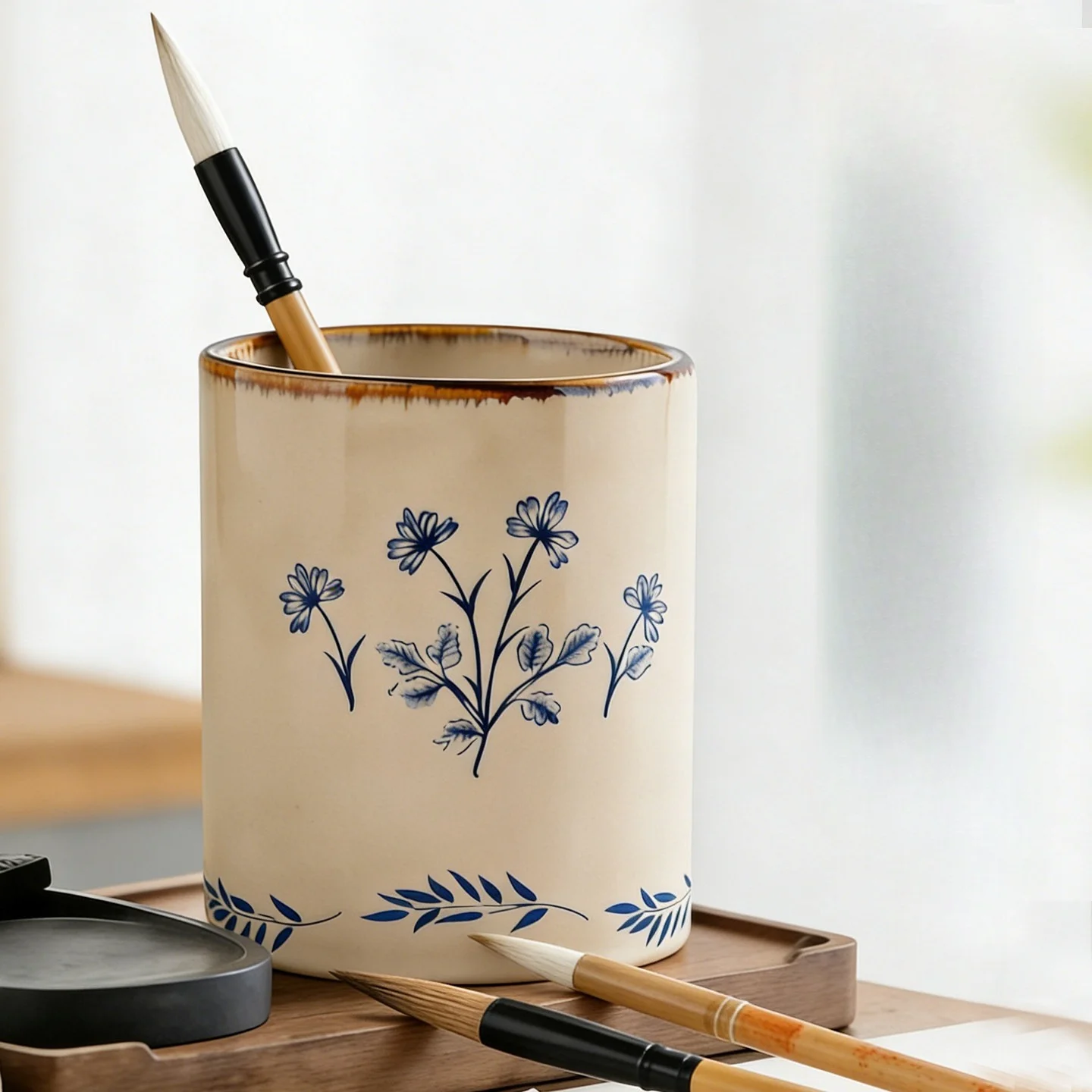 Ceramic Brush Holder, Multi-functional Desktop Storage Tube for Calligraphy Brushes Vintage Chinese Stationery Organizer