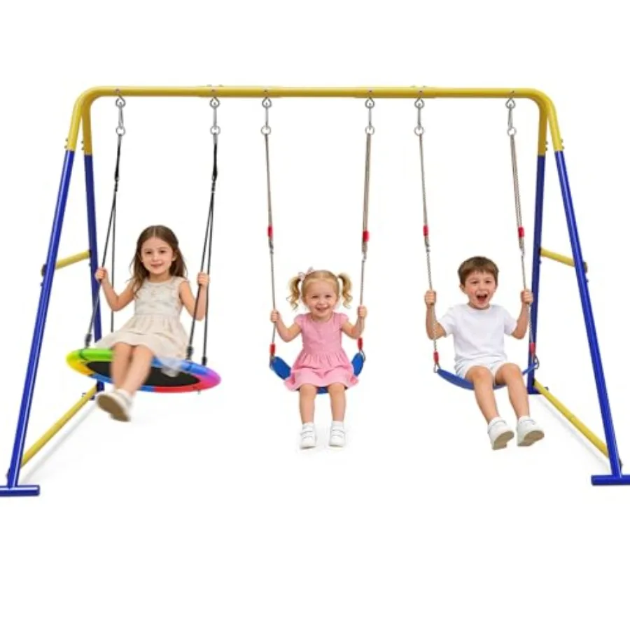 

Уличный игровой комплекс 3-в-1 для двора: 1 платформа, 2 ременных качеля, металлическая конструкция, нагрузка до 270 кг, для малышей, сверхпрочная стойка для качелей