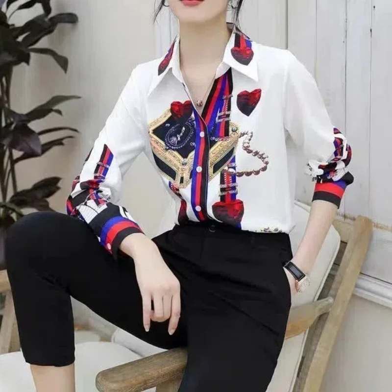 Spring Autumn Women\'s Chiffon Lantern Long Sleeve Turn-down Collar Button Geometric Printing Cardigan Shirt Casual Elegant Tops