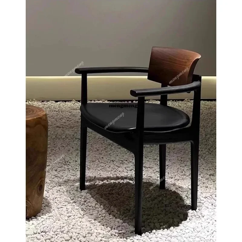 Black dining chair light luxury solid wood, home backrest armchair retro
