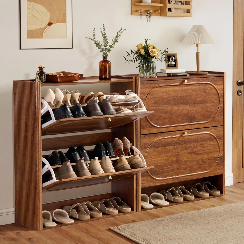 신발 수납장 2개의 플립 서랍이 있는 나무 좁은 신발장 현관용, 플루티드 숨겨진 신발 정리함