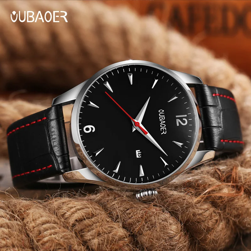 OUBAOER ساعات حركة كوارتز رجالية رجل حزام من الجلد ساعة اليد الذكور شهم سلسلة مقاوم للماء موضة ساعة الذكور عادية