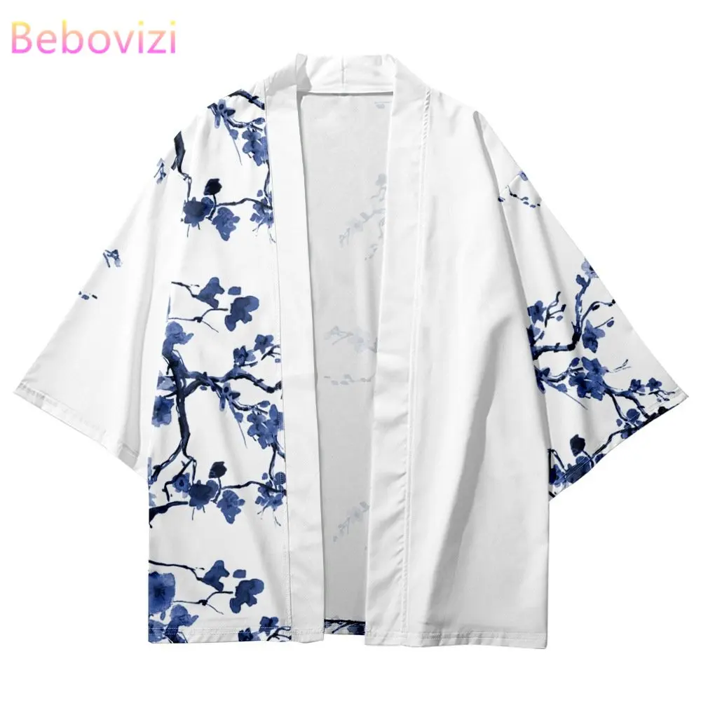 2023 Summer Beach Women Kimono Blue Flower Printed 3/4 Sleeve Shirt Haori Fashion Casual Kimono Yukata Men Traditional Top