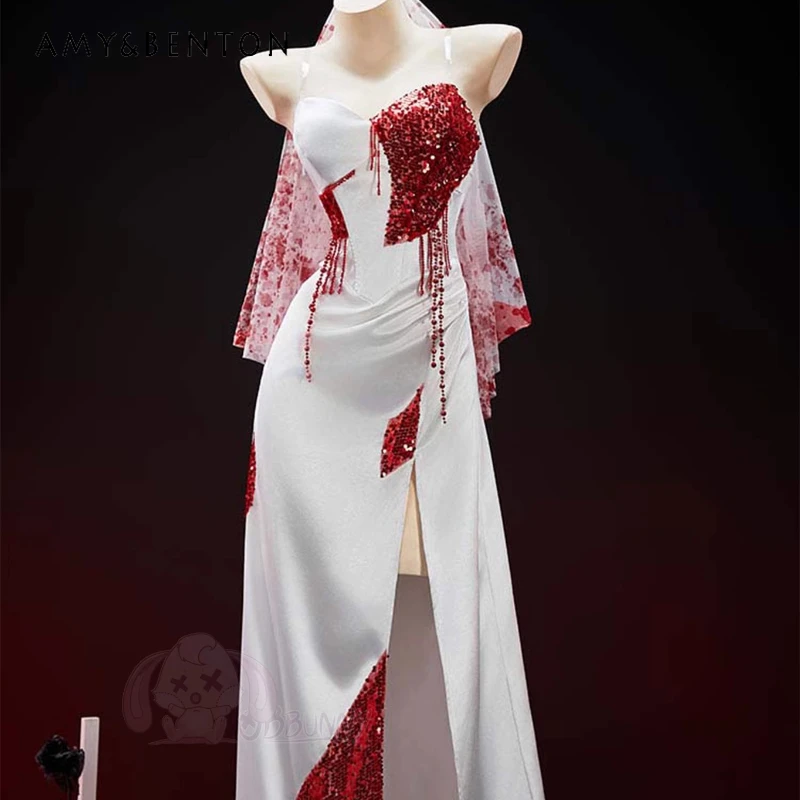 

2025 Autumn Winter New Elegant Bride Dress Halloween Costume Original Design Gothic White High Slit Sexy Sling Dresses Ladies