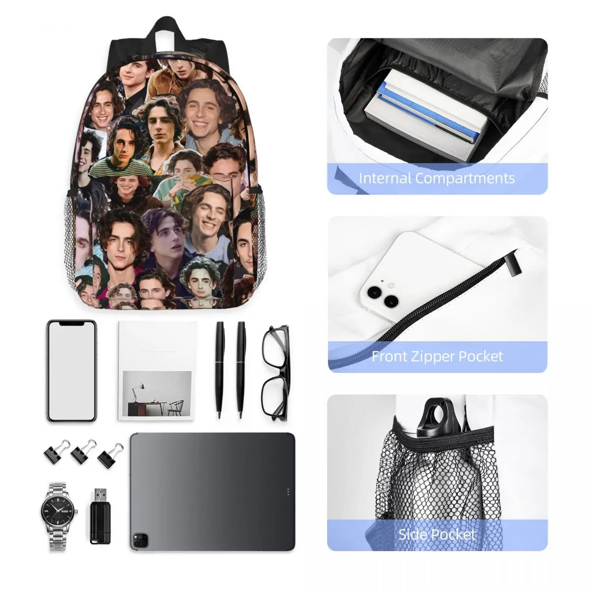 Timothee Chalamet Collage Mochilas para meninos e meninas, Bookbag dos desenhos animados para estudantes, mochilas escolares, mochila de viagem, bolsa de ombro, grande capacidade